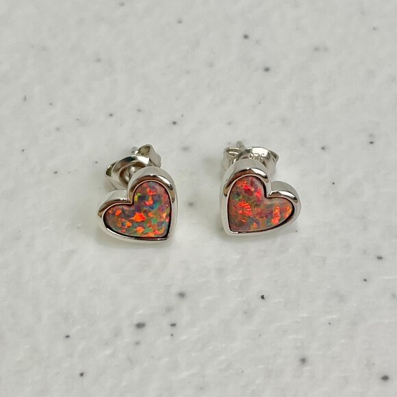 QVC Opal Earrings 925 Sterling Silver 10mm Posts Red Opals Heart Studs - Picture 4 of 12